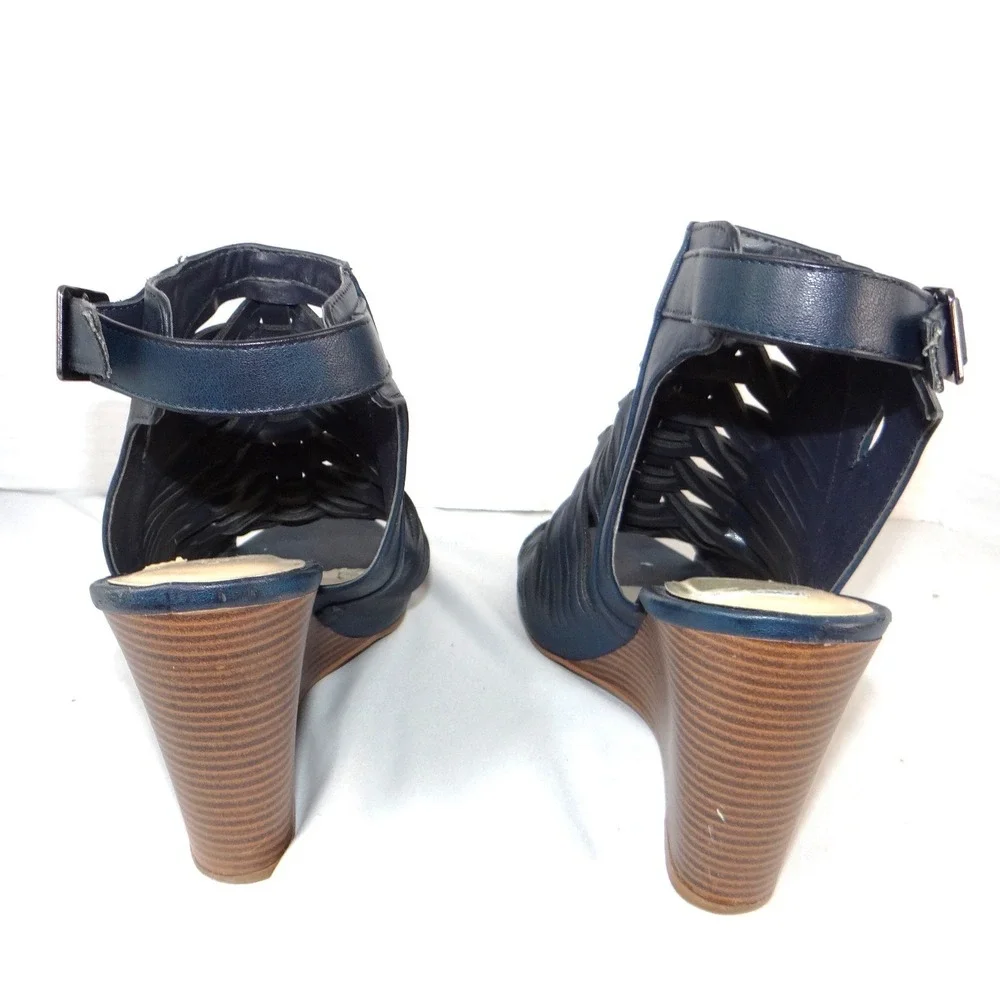 Dollhouse‎ Snaffu Navy Blue Woven Caged Wedge Sandals Womens 10W Open Toe Buckle